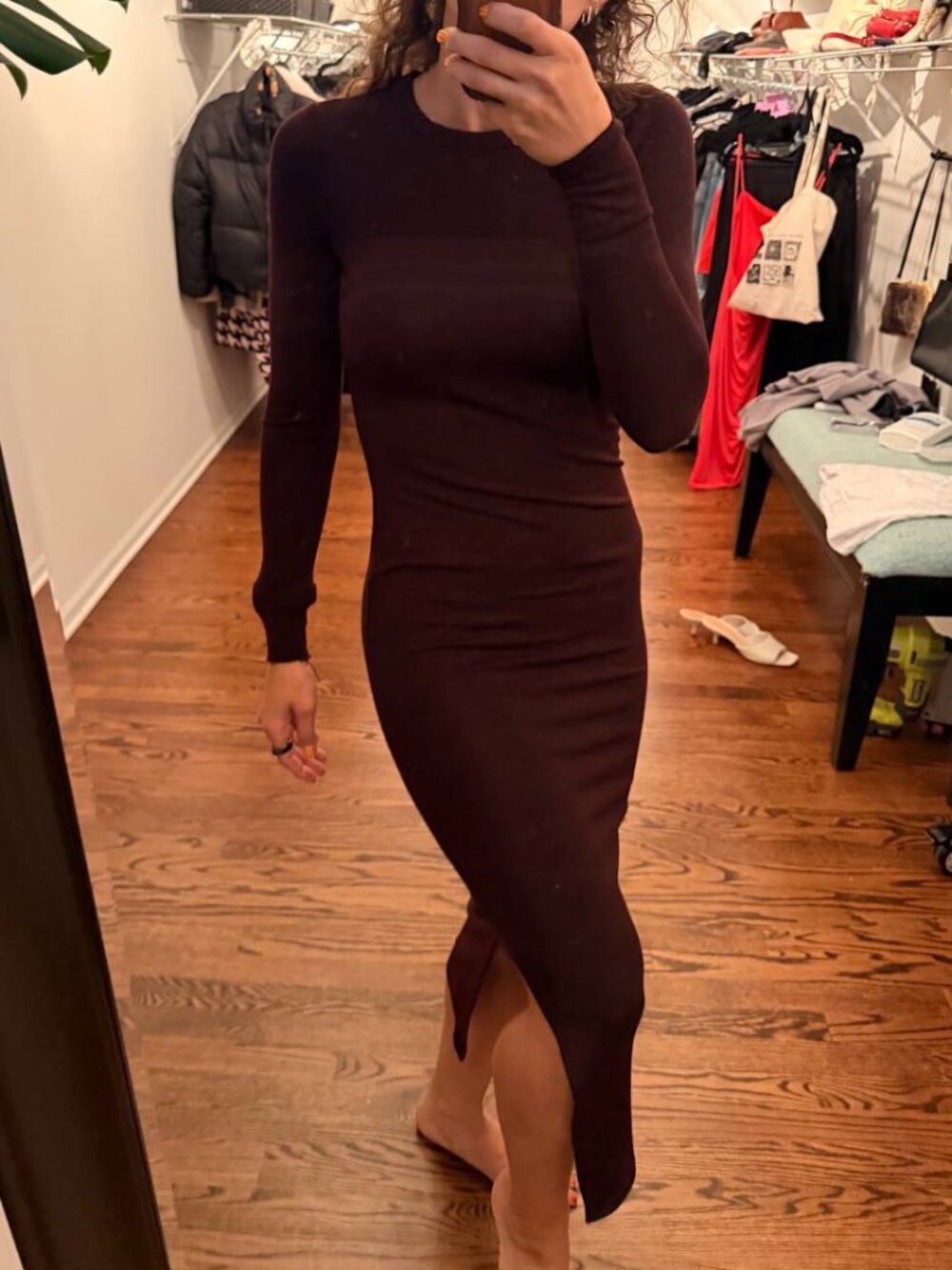 French Connection Burgundy Ribbed Knit Dress